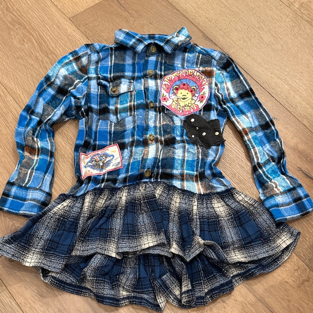 Blue Plaid Kids Button Down Shirt with Skirt